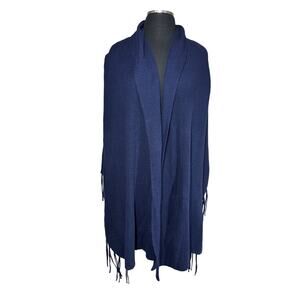 Chico’s Fringe Capelet Ruana Covering Wrap Navy Blue Knit Sz L / XL Office Boho